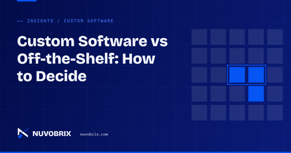Illustration: a grid of blocks with one custom piece highlighted in blue, for the article Custom Software vs Off-the-Shelf